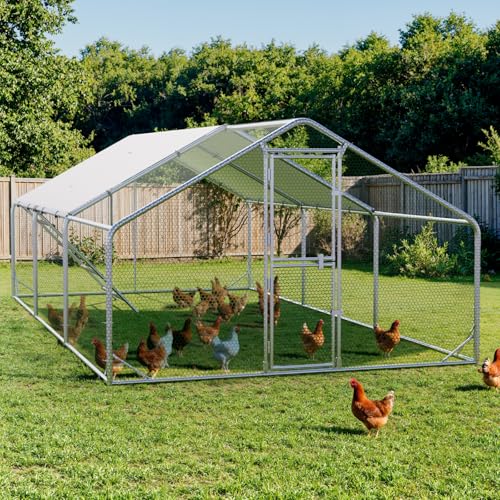 Sannwsg 10x20 FT Metal Chicken Coop with Run, Large Walk in Chicken Pen with Waterproof Cover, Secure Lock, Heavy Duty Poultry Cage with Feeding Door for Outdoor Farm Use - size: 118.0"L x 236.0"W x 79.0"H