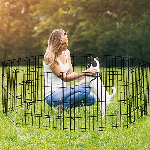 Puppy Pet Playpen 8 Panel 24 Inch Indoor Outdoor Metal Portable Folding Animal Exercise Dog Fence Ideal for Pet Animals Dog Cat Rabbit Breed Puppy (24" x 24" x 8) | Rustproof 8-panel metal playpen with door folds flat, sets up tool-free, and forms multipl