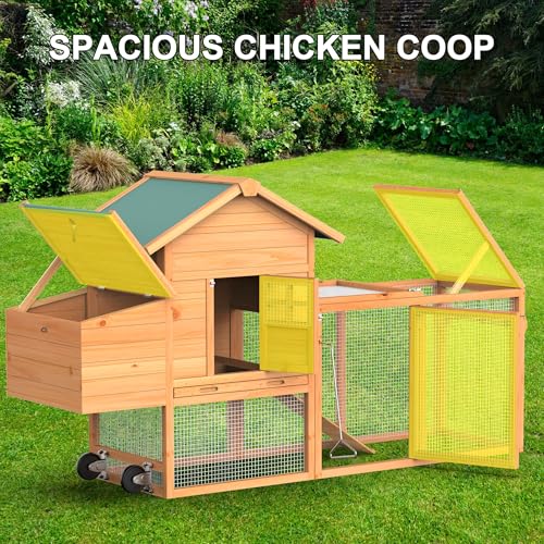 GOJOOASIS Portable Chicken Coop with Wheels & Handrail, Weatherproof Wooden Hen House, Removable Tray & Nesting Box, Ideal for Chickens, Ducks, Rabbits & Small Animals (80" Asphalt Top with Wheel)