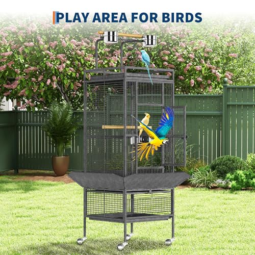 61" Large Bird Cage, Metal Parrot Cage with Play Top, Rolling Stand & Bowls - Bird Aviary for Parrots, Conures, Cockatiels, Parakeets, Indoor Outdoor Aviary for Outside Yard Garden Porch, Black/Silver