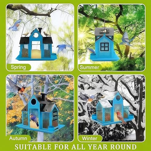 Solar Bird Feeders House for Outside Hanging, Metal Wild Bird Feeder for Outdoors Large Capacity Cardinal Birdfeeder Birdhouses Metal Bird Feeding Station Blue - color: blue