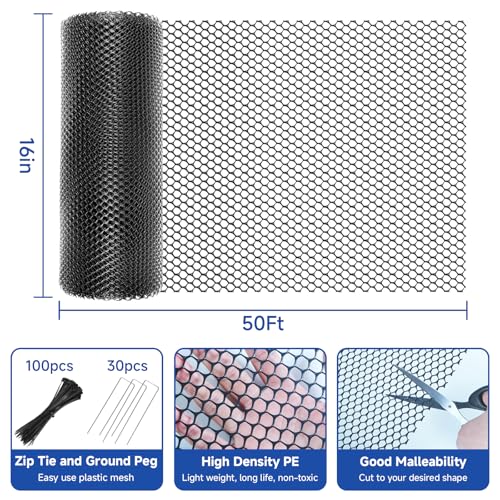 16 INx50 FT Plastic Chicken Wire Mesh Poultry Netting Garden Fence Black | Plastic Chicken Wire Fencing Roll with Ground Stakes & Nylon Ties - Pet Cat Balcony Protection & Outdoor Chicken Coop Barrier