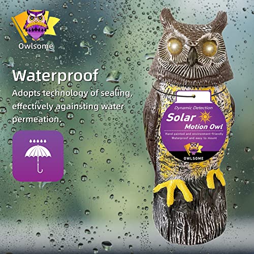 Solar Owl with Glowing Eyes, Rotating Head, Hoot Sound, Motion Detector and Silent Mode, Plastic Owl Garden Sculpture, Garden Decoration