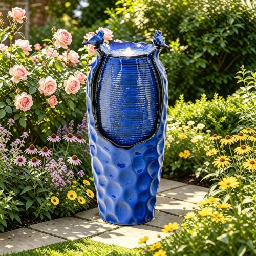 Autodaya 33" Vase Ceramic Outdoor Water Fountain with Lights and Birds | cobalt blue glazed water feature with textured design, ambient soothing cascading water flow for garden patio yard sanctuary - color: 33"h-hammered Cobalt Blue