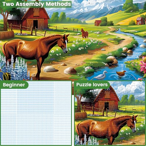 300 Pieces Puzzles for Adults WSCXSC Horse Animals Jigsaw Puzzles | Mountains Cabin Countryside Puzzles Pieces Fit Together Challenging Puzzle for Adult Children Thick Paper Elderly Gift Toy - color: Horse