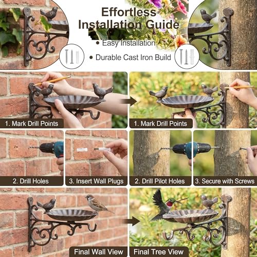 Cast Iron Bird Bath Feeder, Wall Mounted Bird Bath, Black Metal Garden Planter Hanger with Hanging Bracket, Wall Hook for Lanterns, Wind Chimes and More Garden Decorative Items