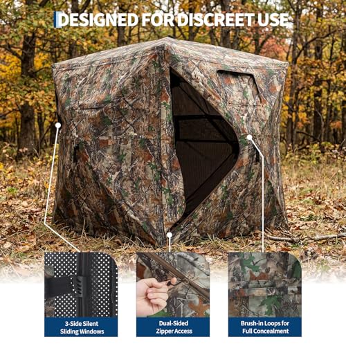 Hunting Blinds with See Through Panels, Portable Hunting Tent for Turkey Deer Duck Hunting, Pop Up Ground Blind with Silent Windows, Camo Concealment, Weather-Resistant Outdoor Shelter w/Carry Bag - size: 59x59x65.75 Inch