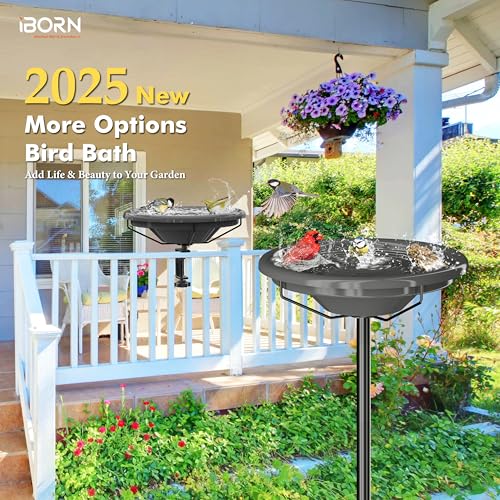 iBorn Bird Bath for Outside,36″ Freestanding Bird Bath with 3 Adjustable Height Pole,12″ BPA-Free Plastic Bowl,5-Prongs Base,Metal Pole and Plastic Birds Baths Bowl,Gray,1 Pack（Not Include Fountain） - color: Gray