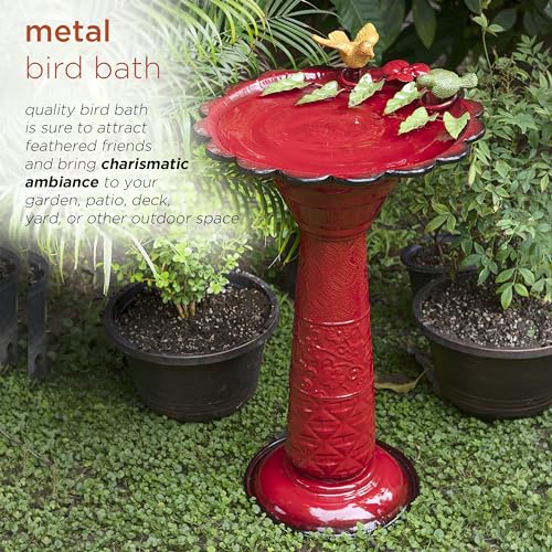 Alpine Corporation - 28" Tall Outdoor Metal Birdbath with Birds and Leaves Yard Statue Decoration, Red – Stunning Garden Accent to Attract Birds - Durable Construction for Patio, Deck, or Yard - color: Red