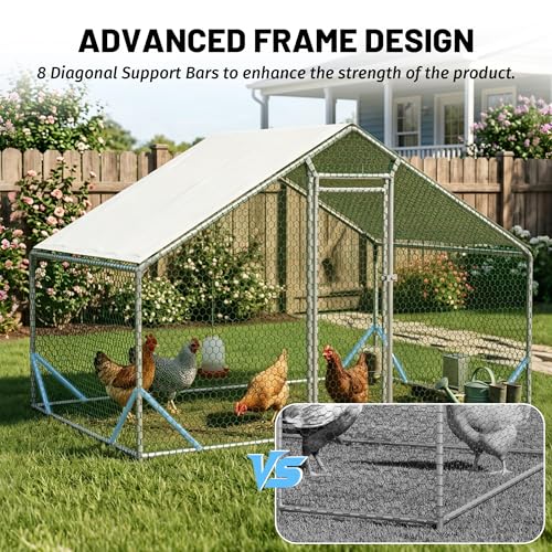 Metal Chicken Coop 10x6.6x6.56ft Walk-in Poultry Cage for 5-10 Chickens Chicken Run Hen Rabbit Duck House with Waterproof Cover for Outdoor Farm Use - size: 79.2"L x 120.0"W x 78.7"H