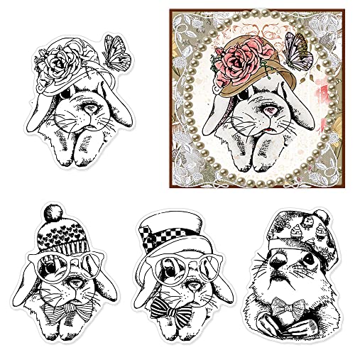 4 PCS Bunny Clear Stamps for Card Making and Journaling, Rabbits Silicone Stamps Flowers Rubber Stamps for Scrapbooking DIY Cards Album Crafts Supplies - color: Style 1: 4pcs Rabbits