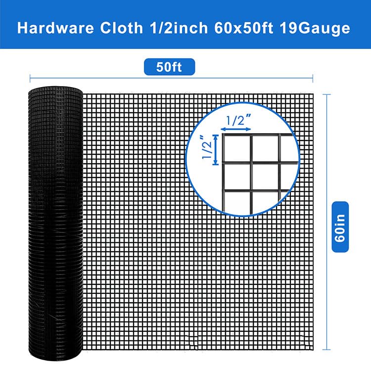 Black Hardware Cloth 1/2 in 60 x 50 ft 19 Gauge Chicken Wire | Vinyl coated wire fencing, Low Defect Rate, Stronger Welds, Garden Fence, Tree Guard, Rodent Control - size: Black 1/2" 60" x 50' 19Ga