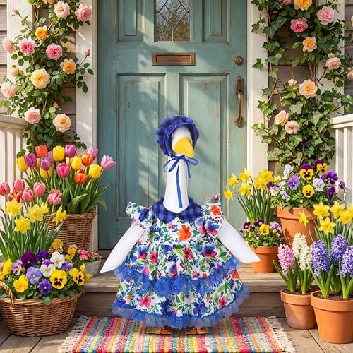 Abbylike Summer Porch Goose Outfits Flower Lolita Dress with Hat Floral Lawn Goose Clothes Fits Large 23'' Cement Statue for Summer Outdoor Garden Yard Patio Pathway Art Decorations - style: Vivid Spring