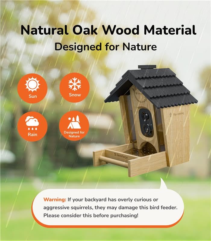 Smart AI Bird Feeder Camera, 2.5K HD Live View, Solar-Powered Wooden Outdoor Feeder with AI Recognition, Weatherproof, App Notifications - Ideal for Bird Lovers, Parents & Kids