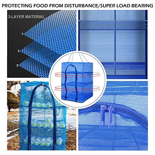 Drying Rack 4 Layers Folding Mesh, Foldable Nylon Netting, Hanging Drying Net, for Shrimp, Fish, Fruit, Vegetables, Herb, with Zipper Opening - Blue (25.59X13.78X13.78 in) - size: 4 Layers