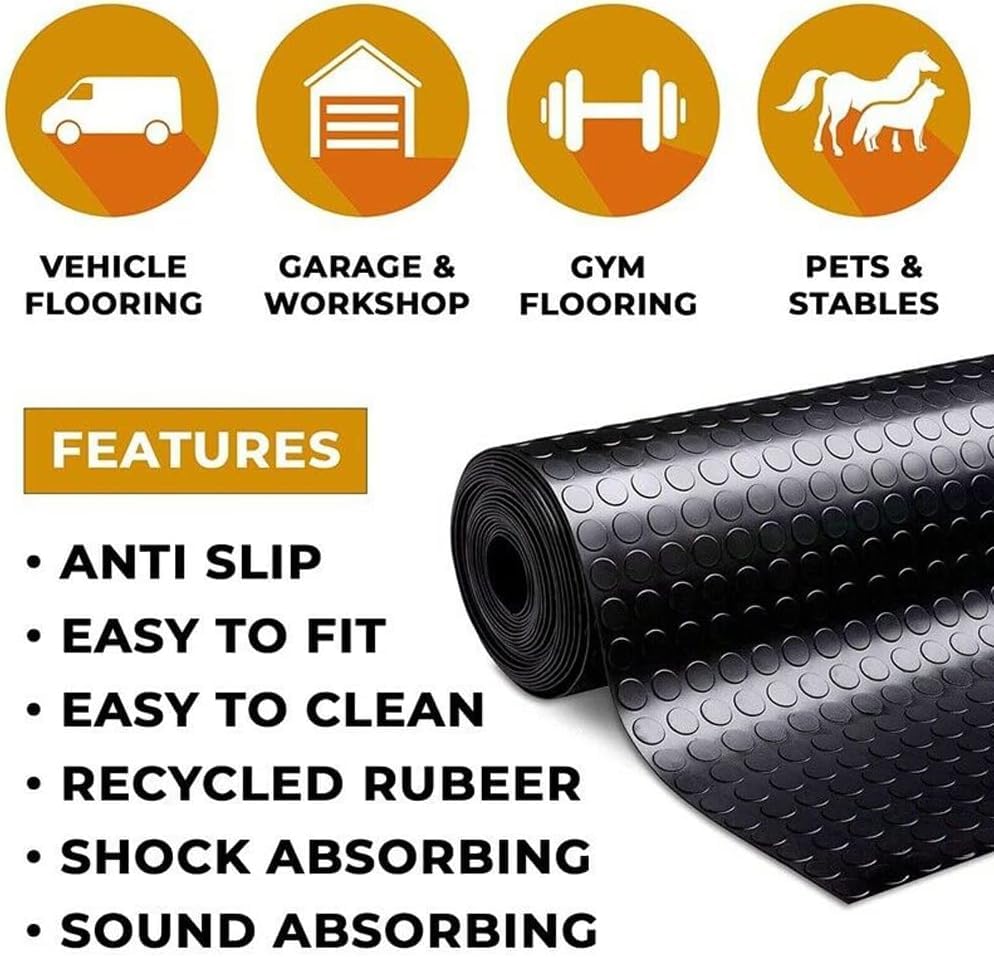 Heavy Duty Coin-Grip Rubber Flooring Roll, 4' x 8', 1/8" Thick, Black, Waterproof, Anti Slip, Safety Floor Protector Mat for Garage, Workshop, Bench, Cellar, Trailer, Mews, Cowshed