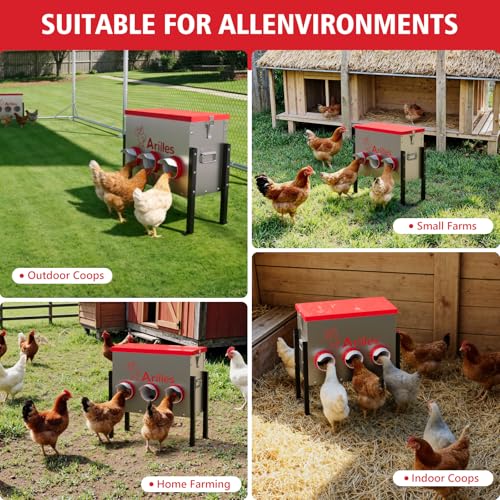 Automatic Chicken Feeder, Metal Poultry Feeder, Chicken Feeders | 40LB Poultry Feeder With Stand & 6 Ports. Includes Bonus Vegetable Net, Feeder Sealant And Anchor Stakes For Chicken.