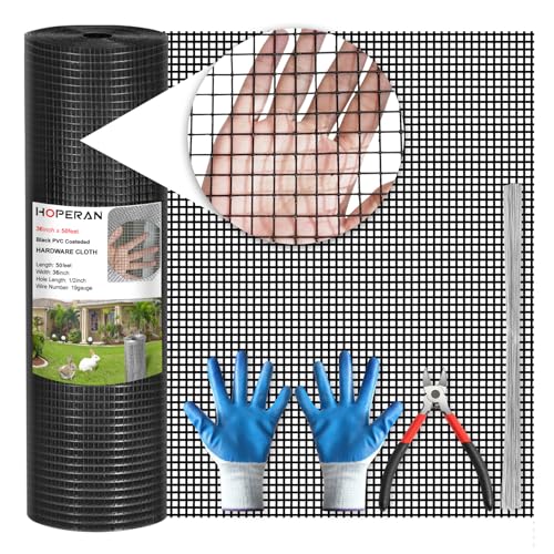 HOPERAN Black Hardware Cloth 1/2 Inch 36 x 50 Ft 19 Gauge Chicken Wire | Vinyl Coated, PVC Coated Welded Mesh Roll, for Garden Fencing Gopher Wire Rabbit Cage Poultry Netting - size: 1/2inch 36in×50ft