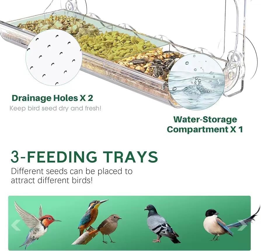 Window Bird Feeder for Outdoors with Large Feeding Trays, Clear Window Mounted Bird House with Strong Suction Cups, Weatherproof Watching Station for Garden