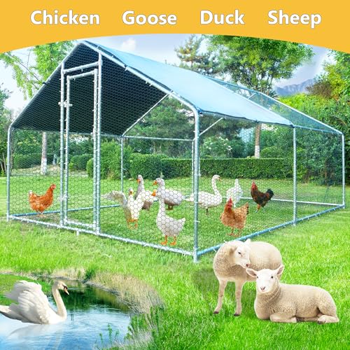 Large Chicken Coop Metal Chicken Runs for Yard with Cover Outdoor Pet Pens Poultry Cage Duck Rabbit House Backyard Use - size: 156.0"L x 118.1"W x 78.7"H