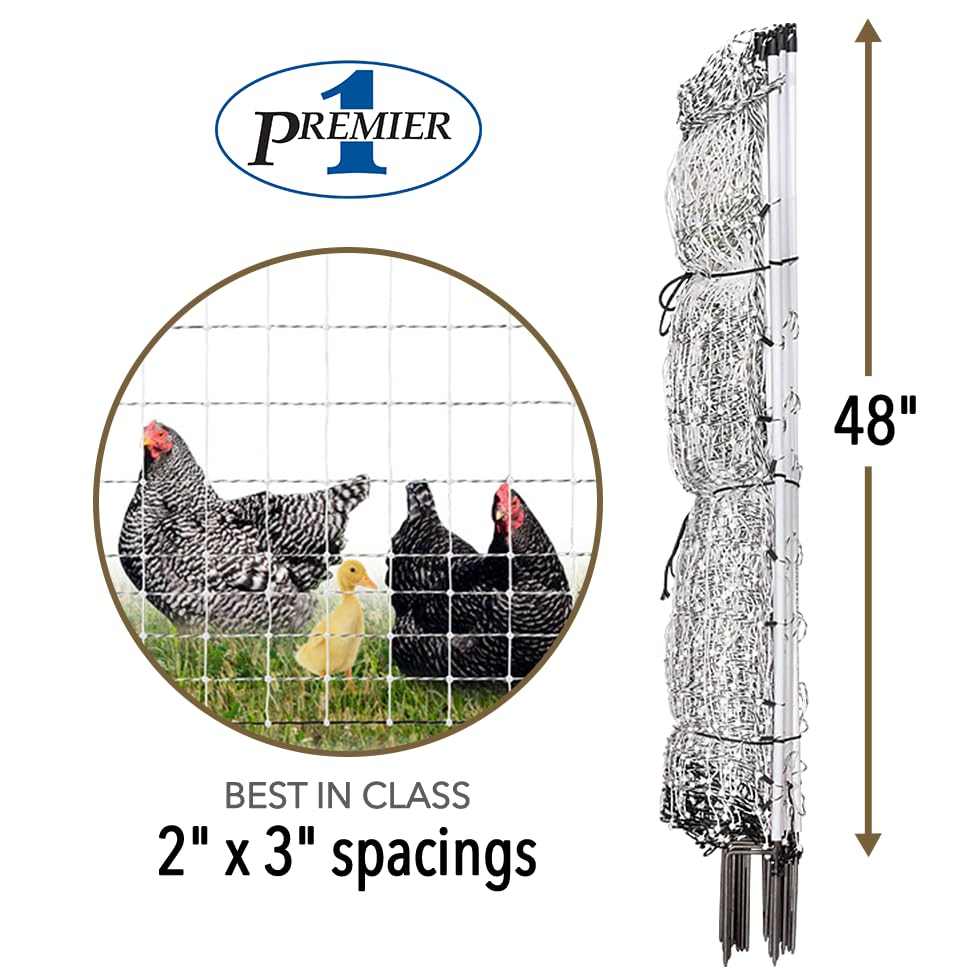 Premier 1 PoultryNet® Electric Fence for Chickens – 48"H x 164'L | White/black, step-in posts. Contains chickens, ducks & turkeys. Keeps out coyotes, foxes & dogs. Energizer sold separately.
