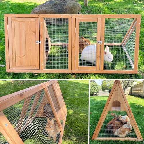 Rabbit Hutch Outdoor Chicken Coop Run A-Frame Bunny Cage Wooden Quail Cage w/ 2 Door & Ventilated Wire Fence Small Animal Cage for Garden Backyard Farms 47 x 18 x 19.5 in - color: Wood
