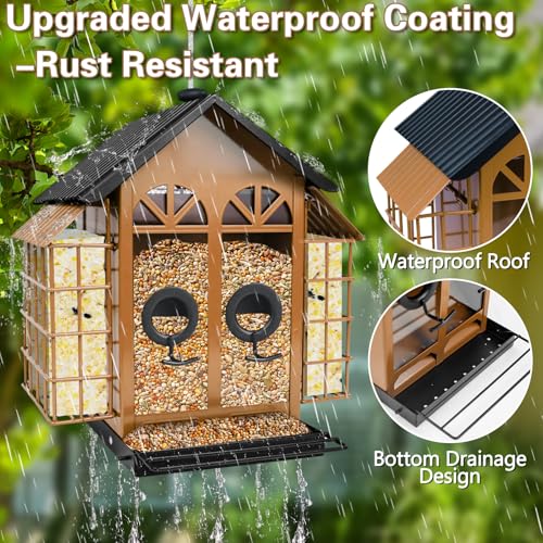 TayePin Bird Feeders for Outdoors Hanging, Metal Wild Bird Feeders with Double Suet Cage, 4LBS Large Capacity for Outside Garden Waterproof, ldeal Gifts for Birds Feeding Finch Cardinal, Brown