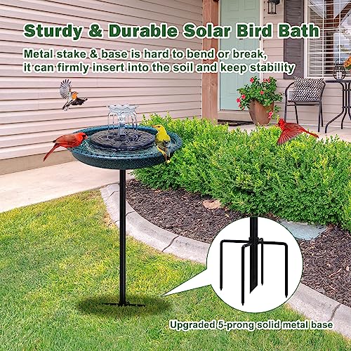 Bird Bath with Solar Fountain, Durable 5-Prong Base Solar Bird Bath with Stable Metal Stake, Detachable Solar Powered Bird Baths for Garden Outdoor Yard Lawn, Spotted Green