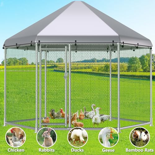 HITTITE Large Metal Chicken Coop with Run, 13.2 x 11.4 x 8.6 ft Walk in Poultry Cage Chicken Run Pen, Hexagonal Roof Outdoor Chicken Runs for Yard with Waterproof & Anti-UV Cover - size: 156.0"L x 156.0"W x 103.0"H