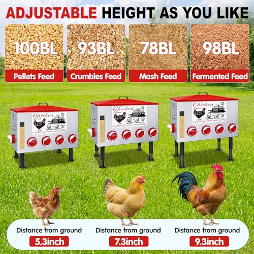 100Lb Automatic Chicken Feeder with Window 8 Port No Waste Rust-Proof Galvanized Steel with Locking Lid & Adjustable Height Legs Waterproof Portable Poultry Feeder for Chickens,Ducks,Geese