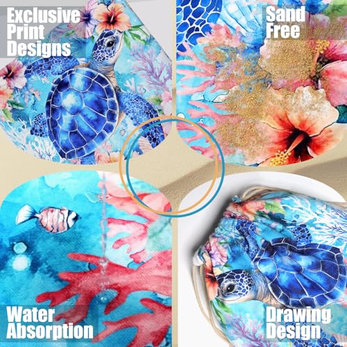 Sea Turtle Beach Towel Bag - Summer Multi-Functional Microfiber Beach Blanket Flower Printed Drawstring Bag for Travel - color: Summer Turtle Blue