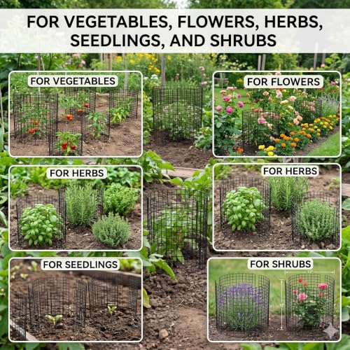 3Pack 17x14 Inch Green Coated Galvanized Wire Plant Protectors, 9Pcs Mesh Cloches with Stakes & Zip Ties, Chicken Wire Cage for Rabbits Squirrels Chickens, Garden Vegetable Seedling Protection