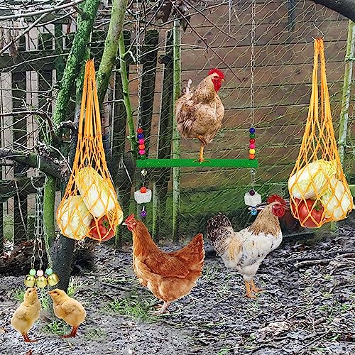 12 Pack Chicken Toys for Hens,Net Mirror Bell Xylophone String Vegetable Fruits Skewer Hanging Ladder Swings Coop Accessories for Hens Bird Parrot