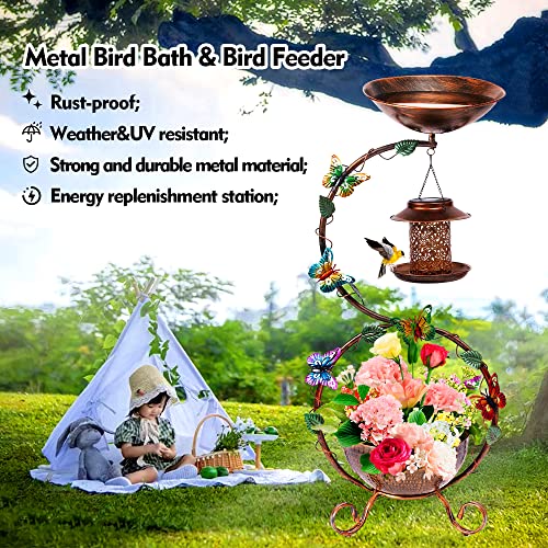 YADOOLIFE 37.8" Bird Bath and Solar Bird Feeders Combo with Flower Planter Pedestal, Metal Bird Baths for Outdoors, Decorative Birdbath with Butterfly for Outside Garden Yard, Weather Resistant