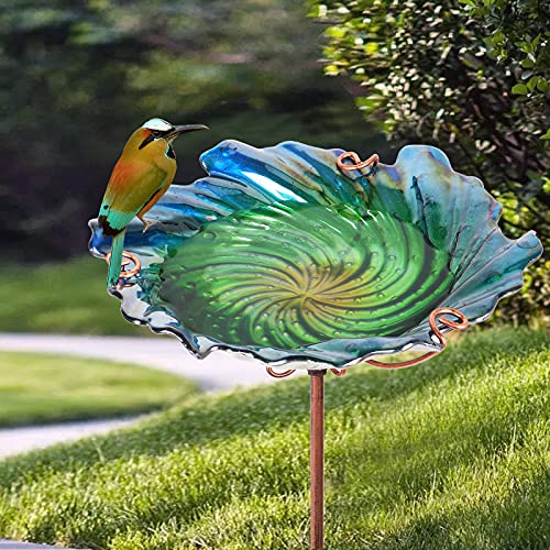 26" Glass Bird Bath, Outdoor Birdbath Bird Feeder Green Flower Metal Stake | Bird Bath for Outside with Stable Metal Stake, Attracts Birds for Bathing and Adds Elegant Outdoor Garden Decor - color: Green