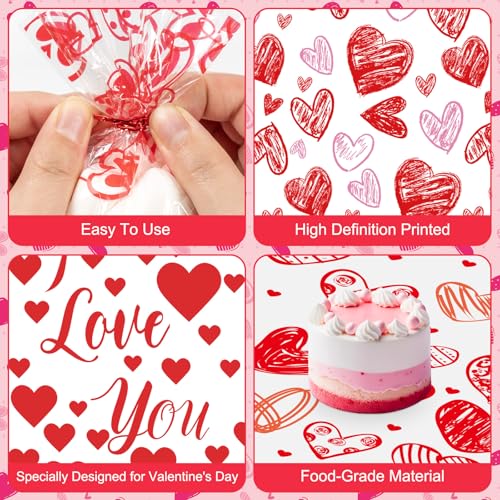 100 Pcs Valentine Treat Bags - Red Heart Cellophane Goodie Bags, Clear Plastic Happy Valentine's Day Cello Candy Gift Bag With Twist Ties for Wedding Anniversary Party Favors Supplies - color: Valentines