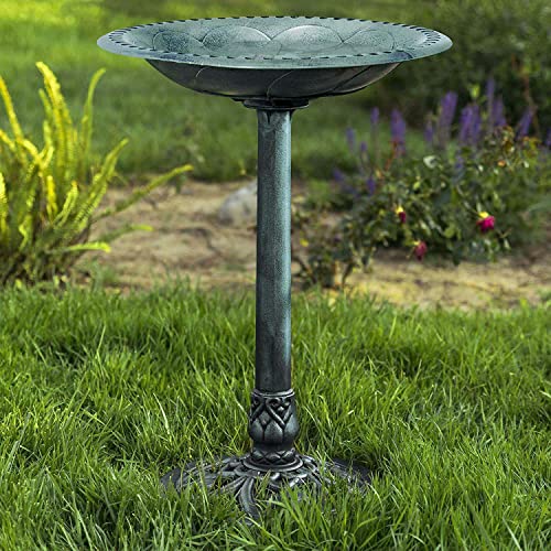 Westcharm 28 Inch Lightweight Verdigris Green Poly Resin Outdoor Birdbath for Outside with Decoration Pedestal Base Stand - Pedestal Bird Bath for Outdoors Yard and Garden - color: Green, size: 28 Inch Tall