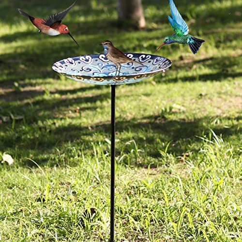 Glass Bird Bath, Garden Outdoor Birdfeeder with Metal Stake, Blue | Birdbaths with metal stand to attract cardinals and blue jays wild birds and beautify outdoor flower gardens decor - color: Blue