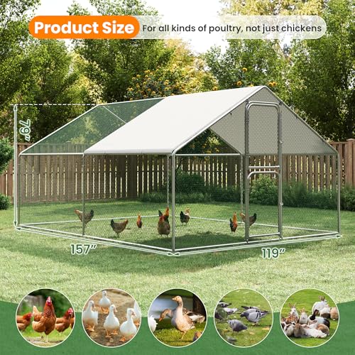 Walk-in Chicken Runs for Yard with Cover Chicken Coop for 10/20 Chickens Large Metal Chickens Pen with Security Lock Poultry Cage with Hardware Cloth - color: Silver, size: 10'L × 13'W × 6.5'H