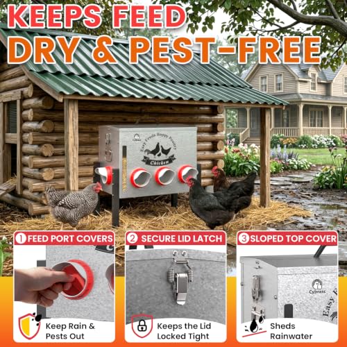 10-Gal Metal Automatic Chicken Feeder with 8 Feeding Ports | 55LB Capacity, Anti-Waste Design, Rust-Proof Alloy Steel, Clear Viewing Window, 3-Level Legs for Outdoor Chicken Coops - size: 10GAL-55LB
