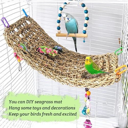 Bird Seagrass Mat 16 × 7" Parrot Natural Grass Woven Net Hammock Parakeet Climbing Rope Ladder Mat Chew Toys Cage Accessories for Pigeon Cockatiel Conure Budgie Cockatoo Rat Hamster - size: 16" × 7"