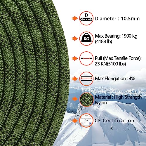 AOLEBA 10.5 mm Static Climbing Rope 10M(32ft) 20M(64ft) 30M(96ft) 50M(160ft) 70M(230ft) Outdoor Rock Climbing Rope, Escape Rope Ice Climbing Equipment Fire Rescue Parachute Rope - color: Green, size: 32ft