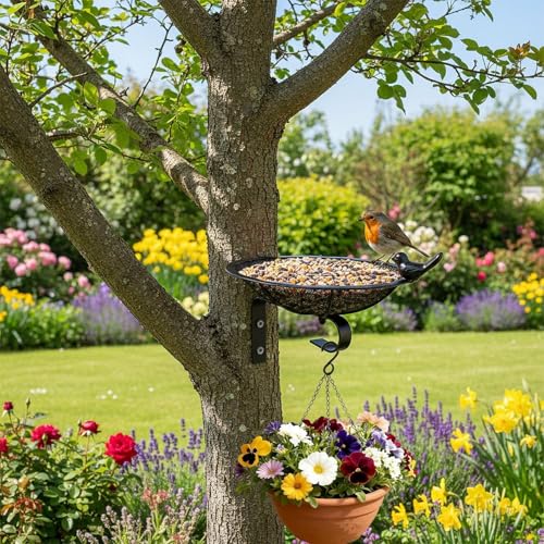Metal Tray Bird Feeder - Summer Heavy Duty Mesh Seed Tray for Wild Birds Hummingbird, Wall Tree Fence Table Mountable Platform Feeder with Hanging Hook in Deck Balcony Garden Backyard