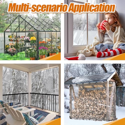 6.6x13ft Anti-Tear Clear Tarp Waterproof - 2pcs Windproof Poly Tarpaulin, Heavy Duty Transparent Enclosure with Grommets for Covering Chicken Coops Greenhouse Garden Plants - size: 6.6x13ft
