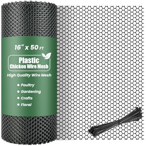 Toolterritary Plastic Wire Mesh,16IN x 50FT Chicken Wire Fencing for Floral Arrangements, Chicken Wire Mesh for Crafts with 100 Pcs Zip Ties,Gaden Netting for Dogs, Deers, Poultry - color: Black, size: 16IN x 50FT