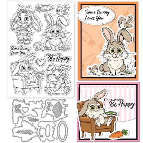 GLOBLELAND Easter Cartoon Rabbits Clear Stamps and Cutting Dies Set for Card Making Funny Bunny Silicone Transparent Stamp Easter Die Cuts for DIY Scrapbooking Embossing Photo Album - style: Cartoon Rabbits