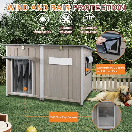 Outdoor Dog House Weatherproof, Wooden Puppy Shelter with Anti-Chewing Iron Frame and Elevated Floor, Sturdy Dog Kennel for Small, Medium & Large Dogs (Gray, 51" L x 29" W x 32" H) - size: 51" L x 29" W x 32" H