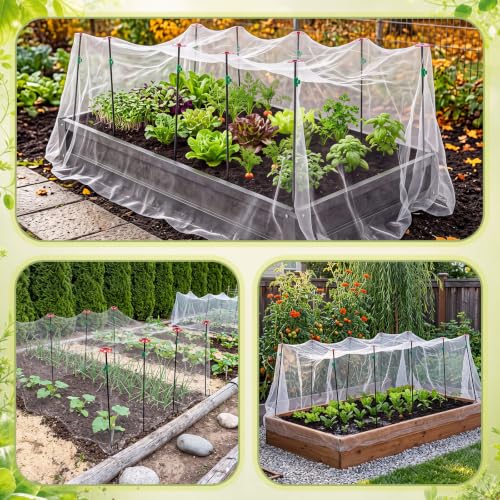 Metal Garden Netting Kit, 10 Pack 2.6ft Raised Bed Net Support Stakes with 10"x20" Fine Mesh Insect Netting 16 Pcs Clips Insect Row Cover for Raised Beds Protect Vegetable Row