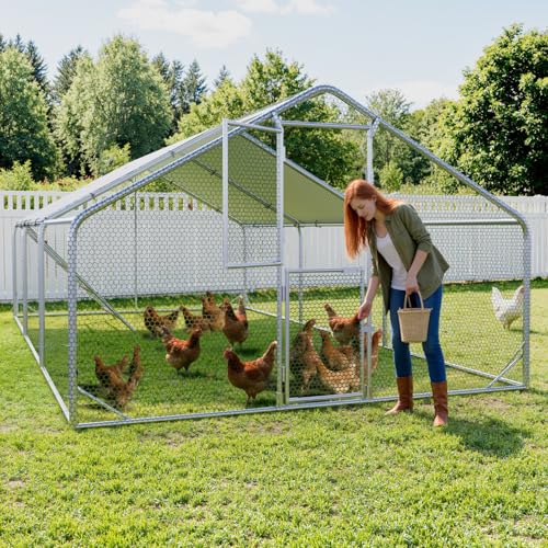 Sannwsg 10x20 FT Metal Chicken Coop with Run, Large Walk in Chicken Pen with Waterproof Cover, Secure Lock, Heavy Duty Poultry Cage with Feeding Door for Outdoor Farm Use - size: 118.0"L x 236.0"W x 79.0"H