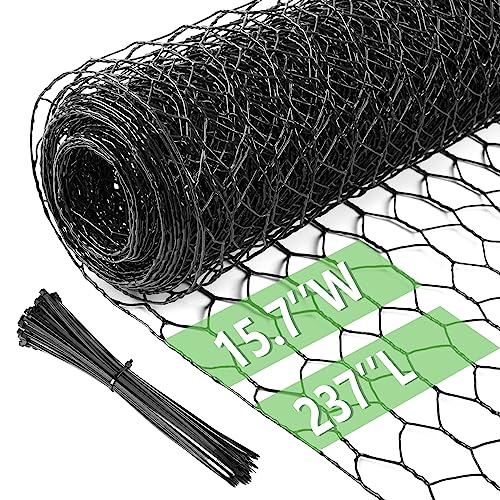 Chicken Wire 15.7 in x 237 in Poultry Wire Netting Hexagonal Galvanized Mesh Garden Fence Barrier for Pet Rabbit Chicken Fencing with 100 Pcs Cable Zip Ties(PVC-Coated) - color: Black, size: 15.7"x237"+100Ties